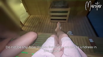 POV video of a shy girl giving a deepthroat blowjob to a stranger in a hotel sauna