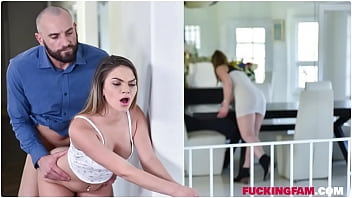 Athena Faris gives a deepthroat blowjob to her stepdad under the table